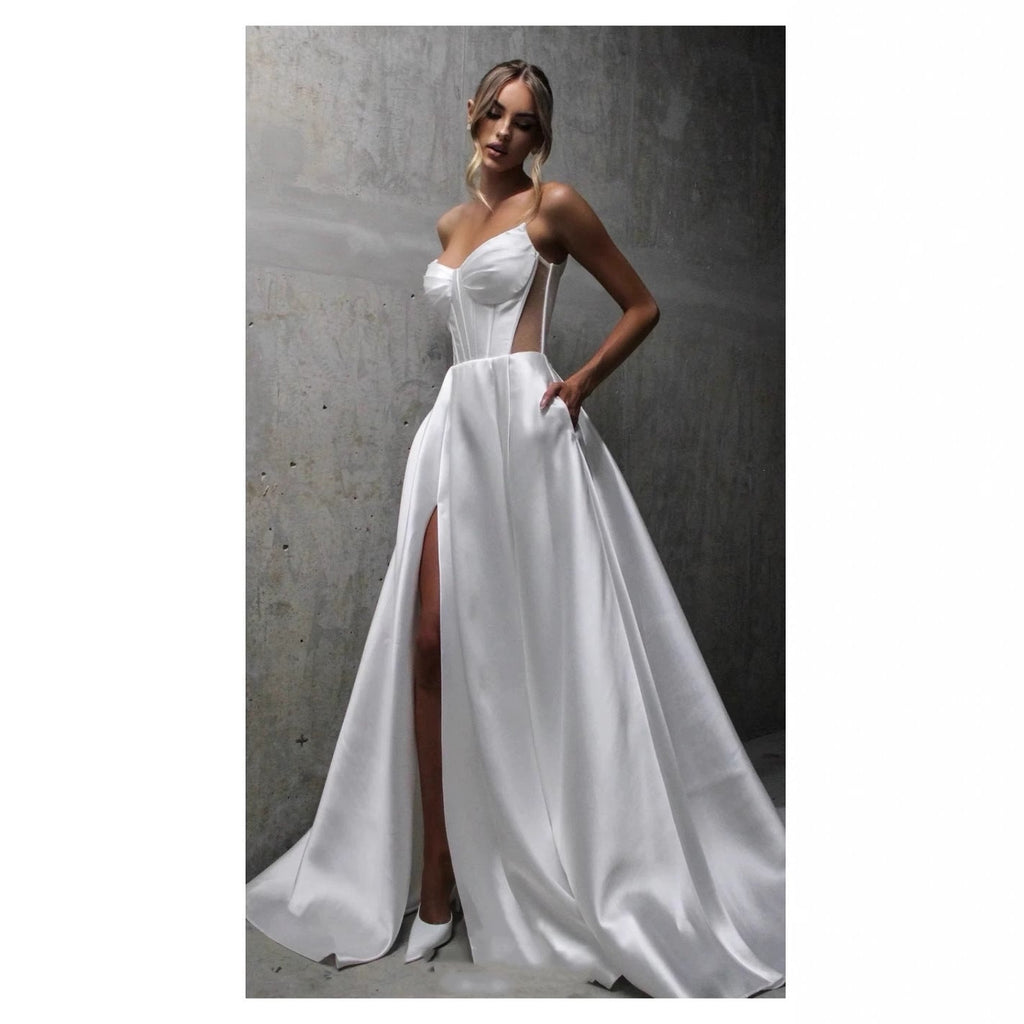 White Satin Slit Pocket Bandage Wedding Dress - LADYLINE X