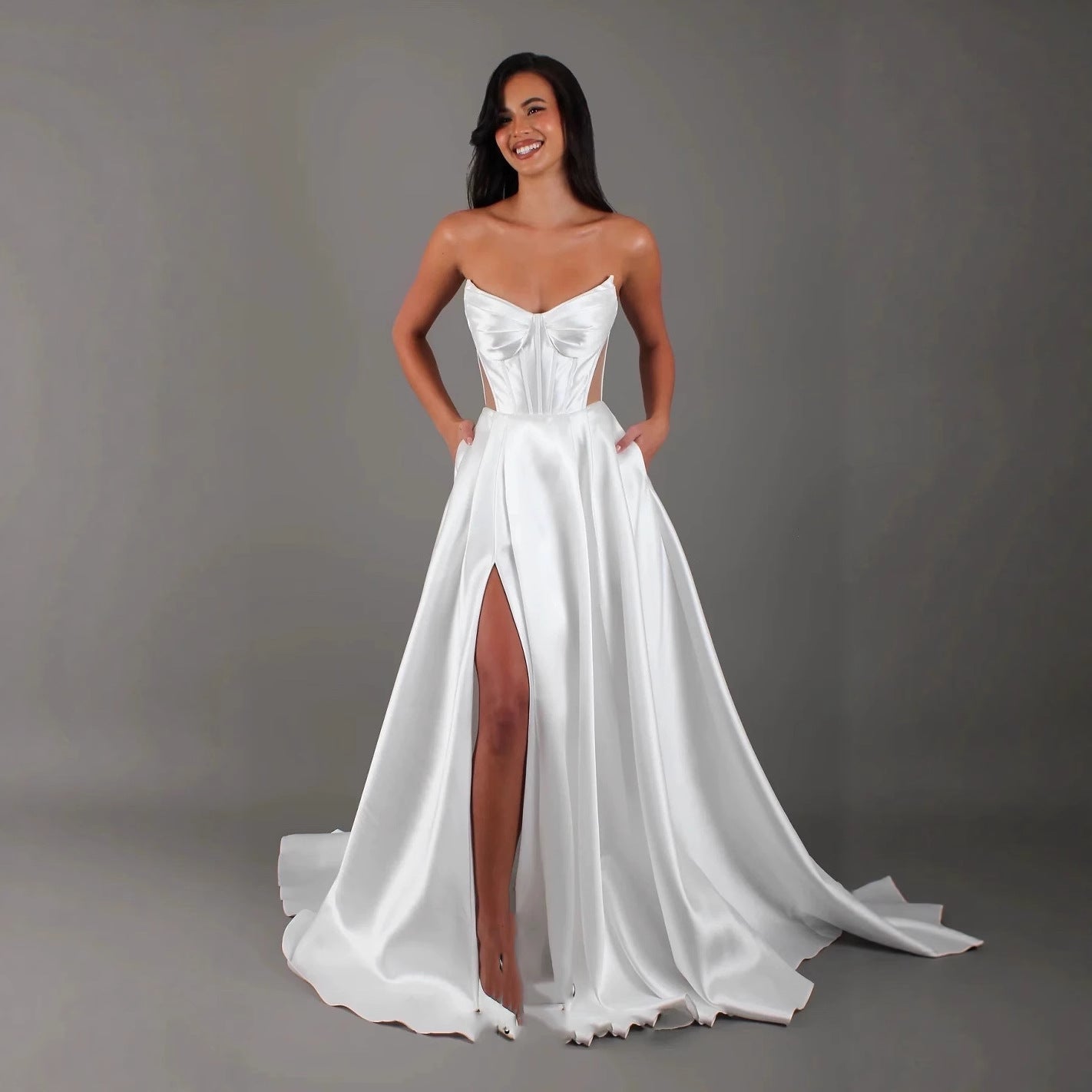 White Satin Slit Pocket Bandage Wedding Dress - LADYLINE X
