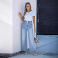 Wide - leg High - waisted Elastic - waist Loose - fit Denim Jeans For International Trade - LADYLINE X