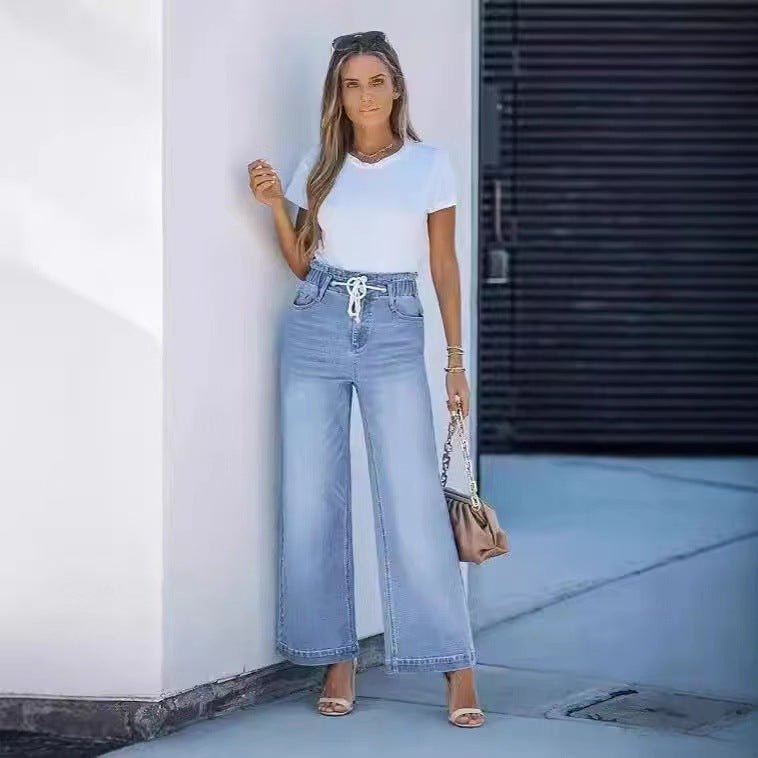 Wide - leg High - waisted Elastic - waist Loose - fit Denim Jeans For International Trade - LADYLINE X