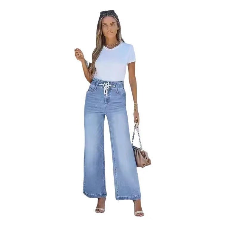 Wide - leg High - waisted Elastic - waist Loose - fit Denim Jeans For International Trade - LADYLINE X