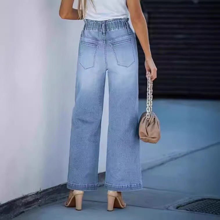 Wide - leg High - waisted Elastic - waist Loose - fit Denim Jeans For International Trade - LADYLINE X