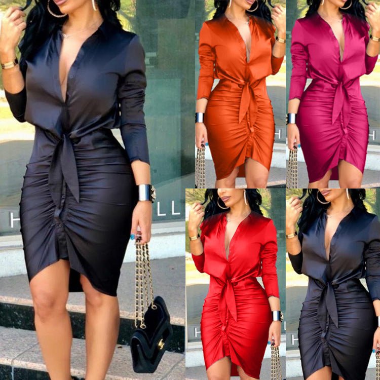 Women Lace - up Solid Color Long Sleeve Midi Dress Shirt Dress Elegant Fashion Party Dress - LADYLINE X