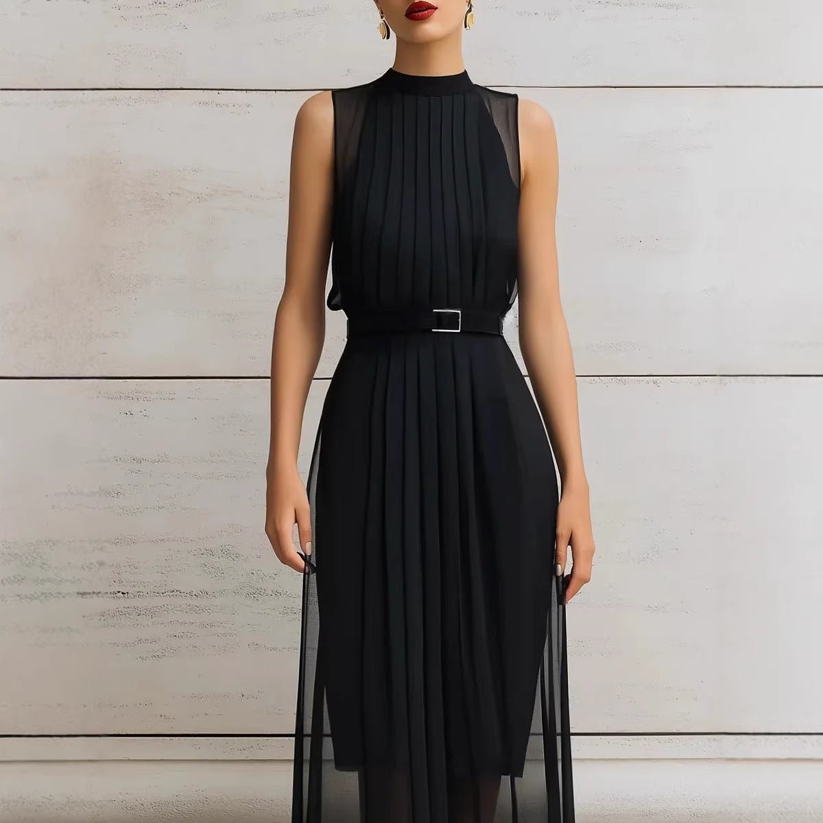 Womens Black Mesh - Panel High - Neck Sleeveless Dress - LADYLINE X