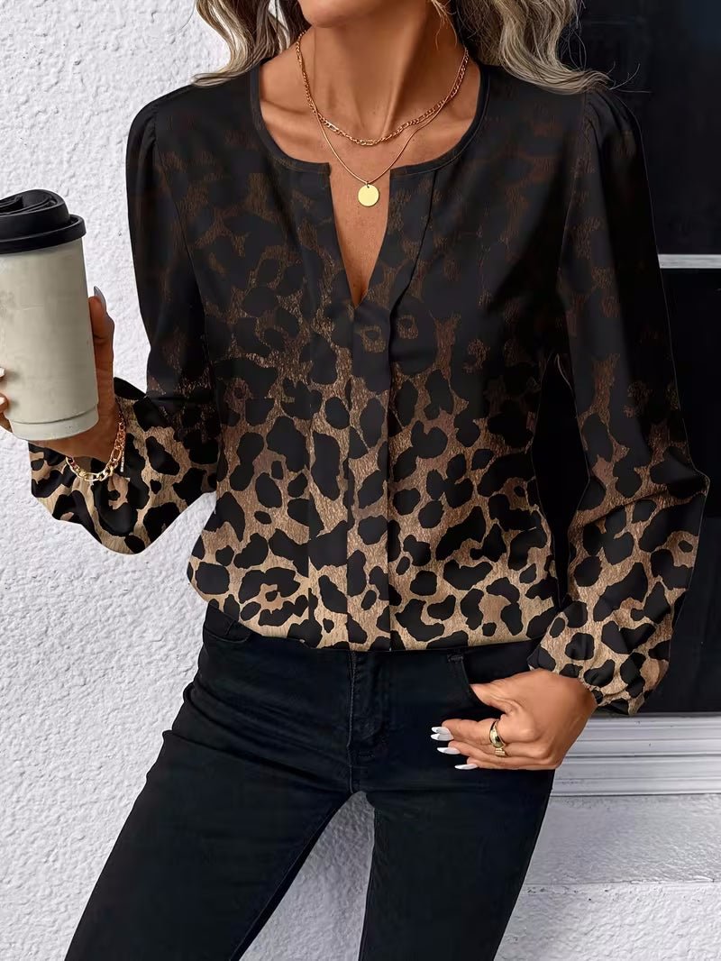 Women's Casual Leopard - Print Puff - Sleeve V - Neck Shirt - LADYLINE X
