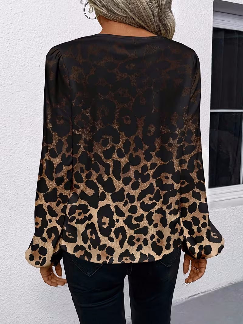 Women's Casual Leopard - Print Puff - Sleeve V - Neck Shirt - LADYLINE X