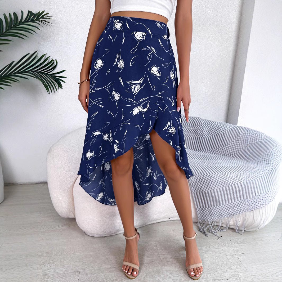 Womens Casual Mid - Length Skirt With Floral Print And Ruffled Hem - LADYLINE X