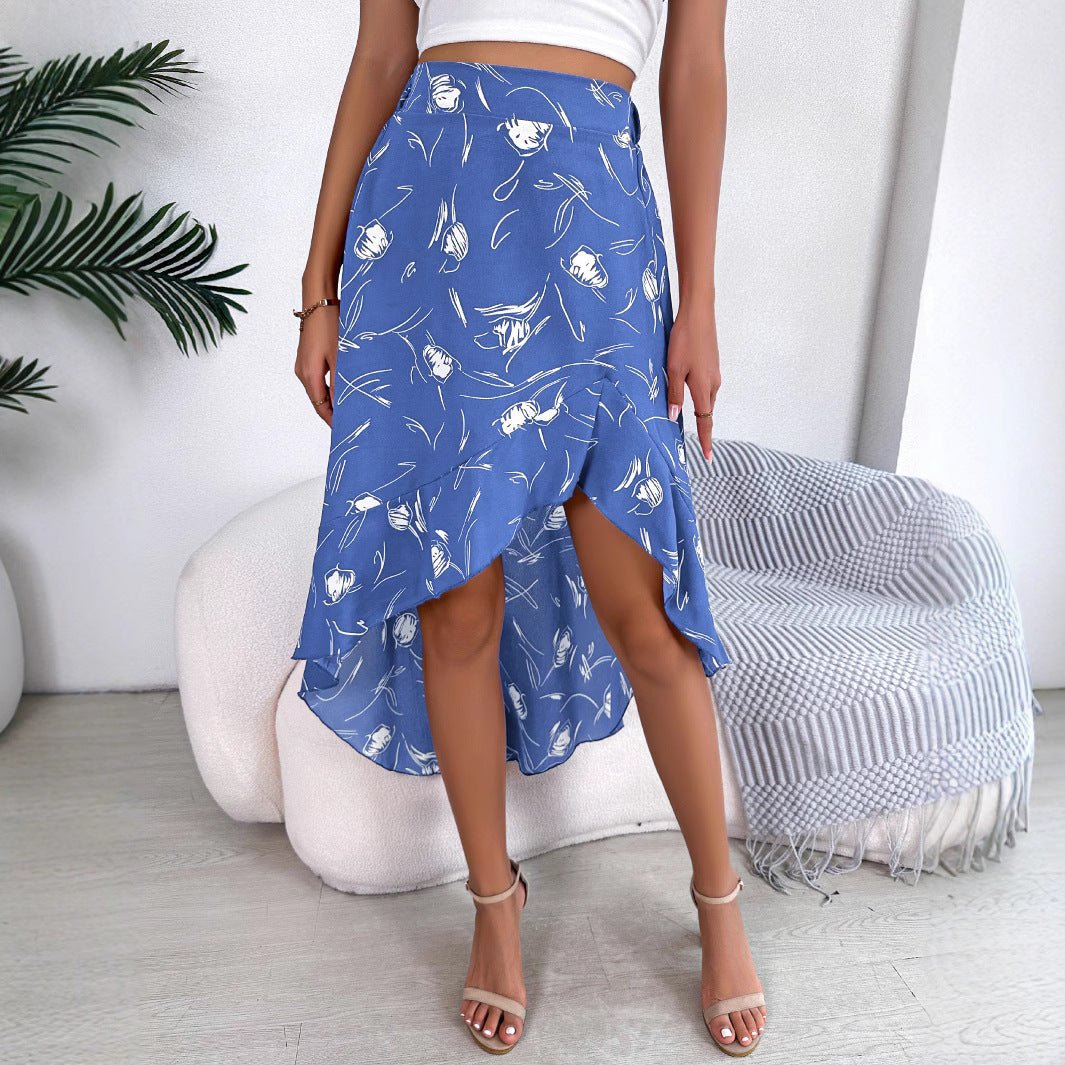 Womens Casual Mid - Length Skirt With Floral Print And Ruffled Hem - LADYLINE X