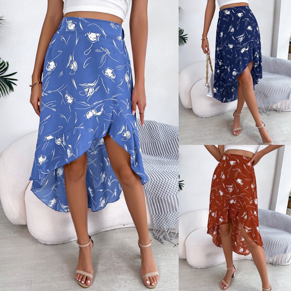 Womens Casual Mid - Length Skirt With Floral Print And Ruffled Hem - LADYLINE X