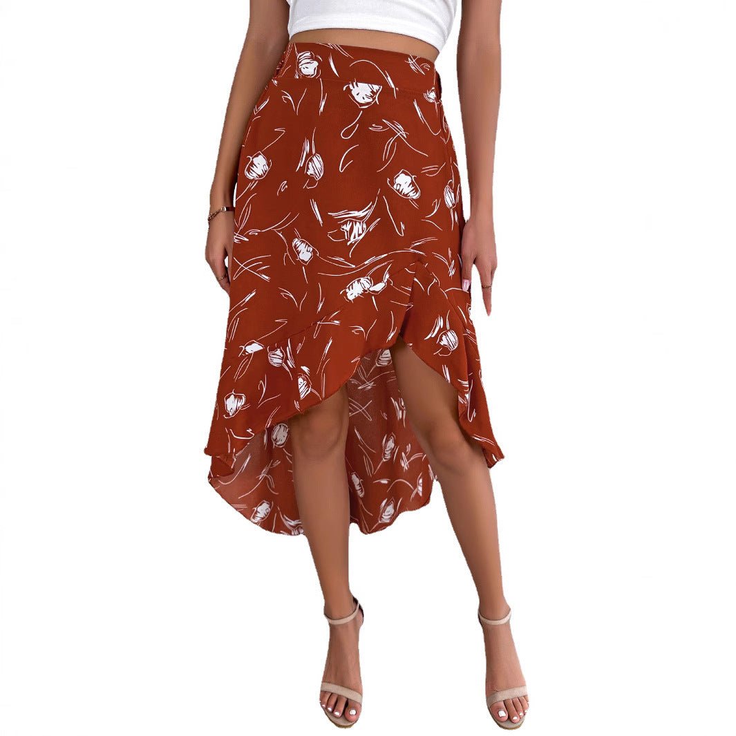 Womens Casual Mid - Length Skirt With Floral Print And Ruffled Hem - LADYLINE X