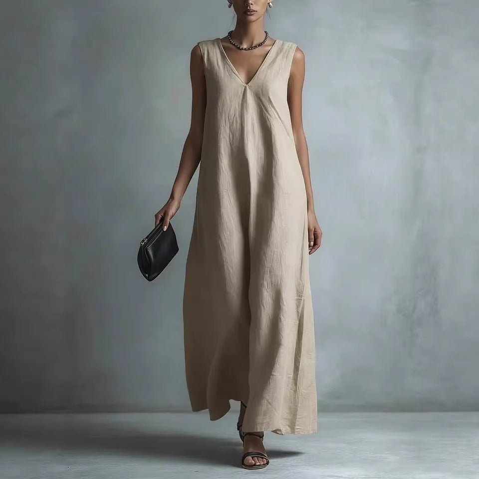 Women's Casual V - Neck Sleeveless Cotton - Linen Dress - LADYLINE X