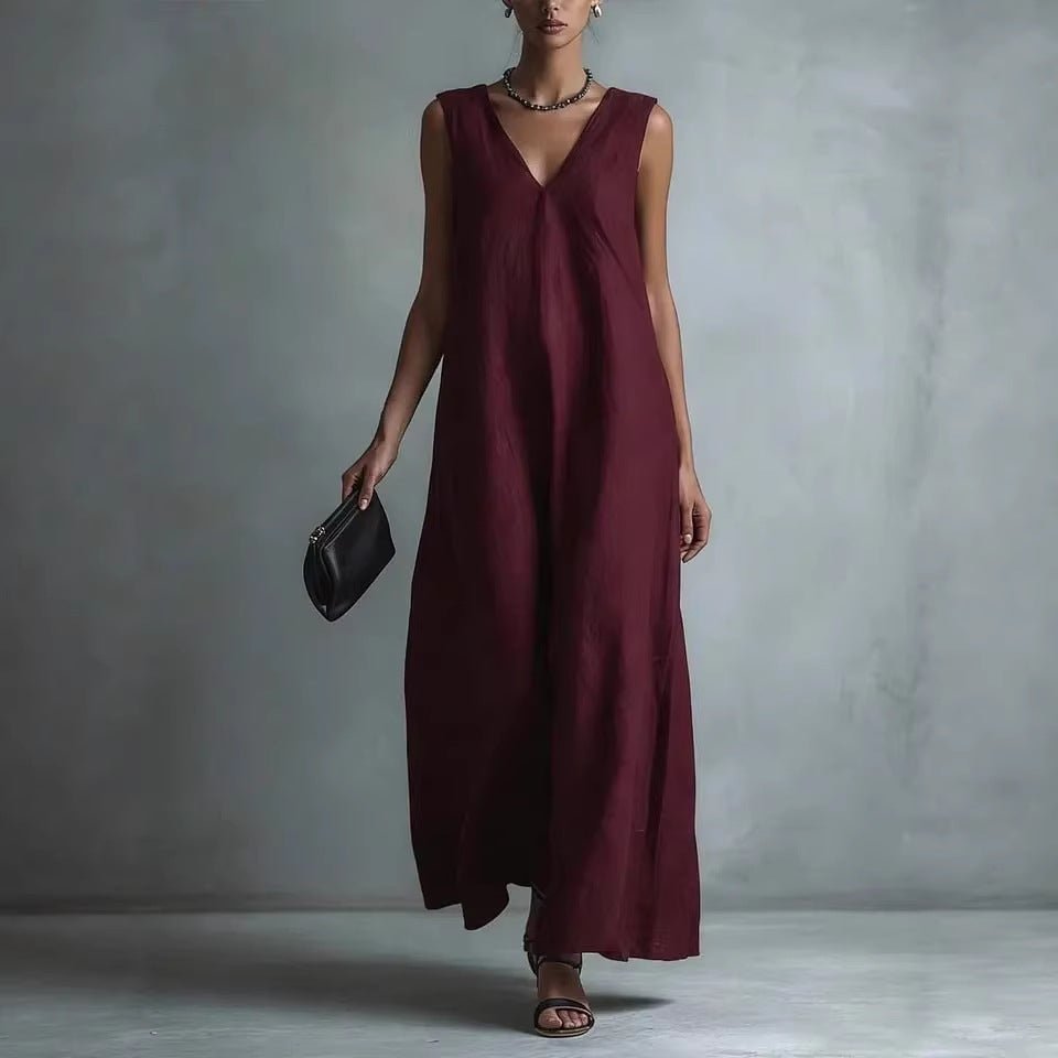 Women's Casual V - Neck Sleeveless Cotton - Linen Dress - LADYLINE X
