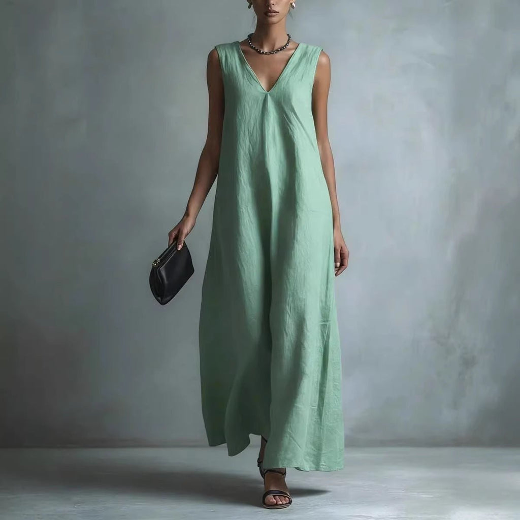 Women's Casual V - Neck Sleeveless Cotton - Linen Dress - LADYLINE X