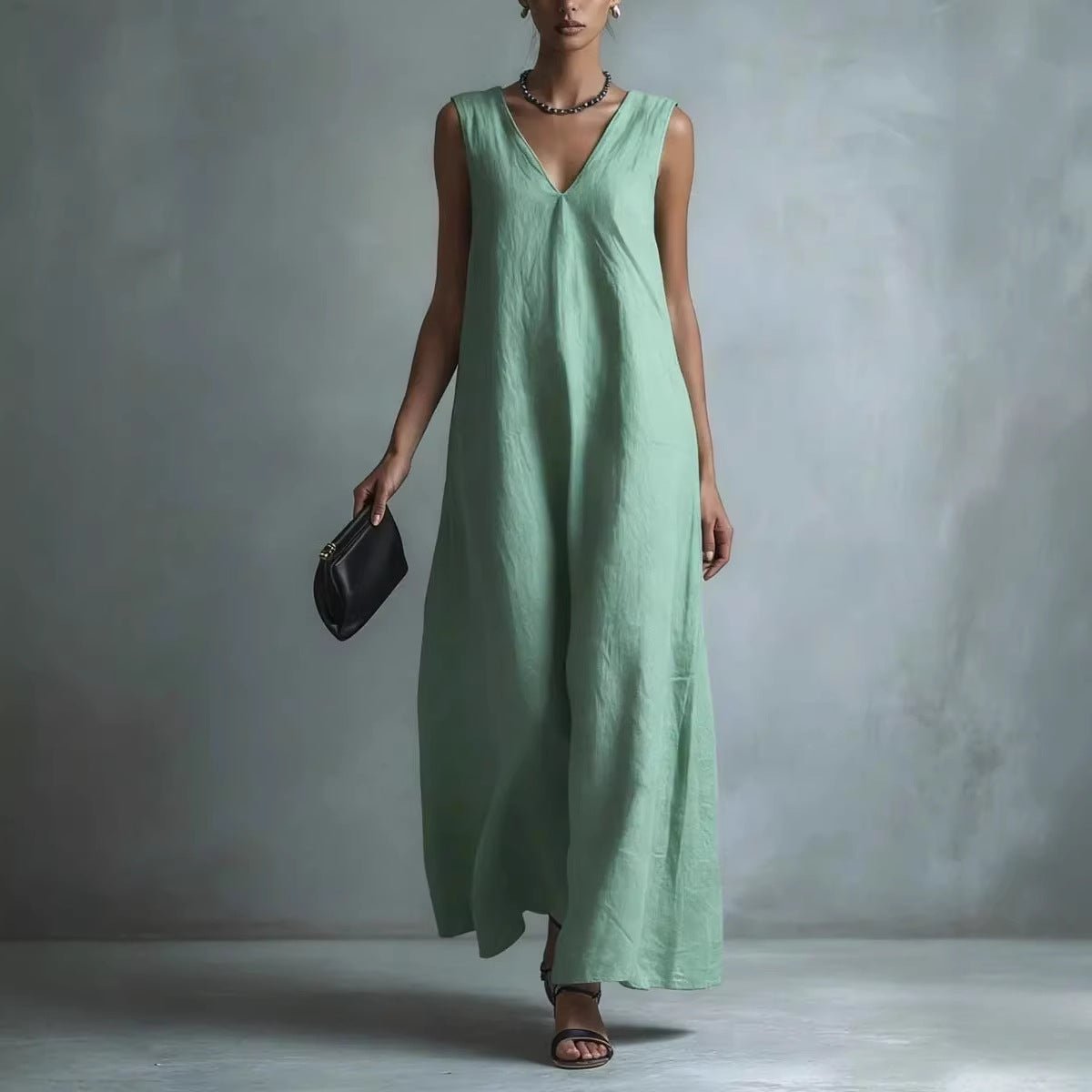 Women's Casual V - Neck Sleeveless Cotton - Linen Dress - LADYLINE X