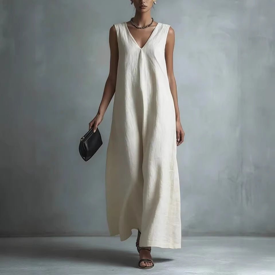Women's Casual V - Neck Sleeveless Cotton - Linen Dress - LADYLINE X