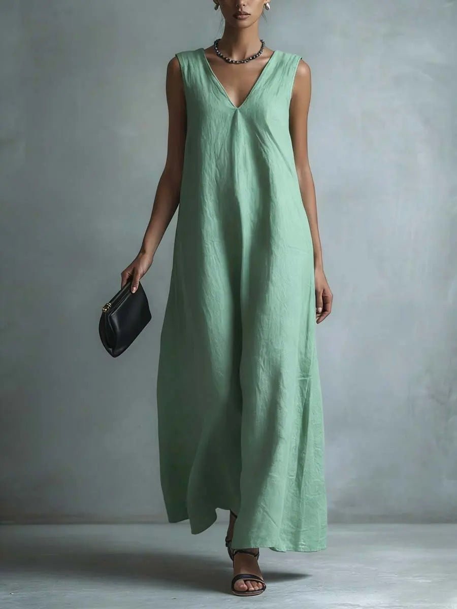 Women's Casual V - Neck Sleeveless Cotton - Linen Dress - LADYLINE X