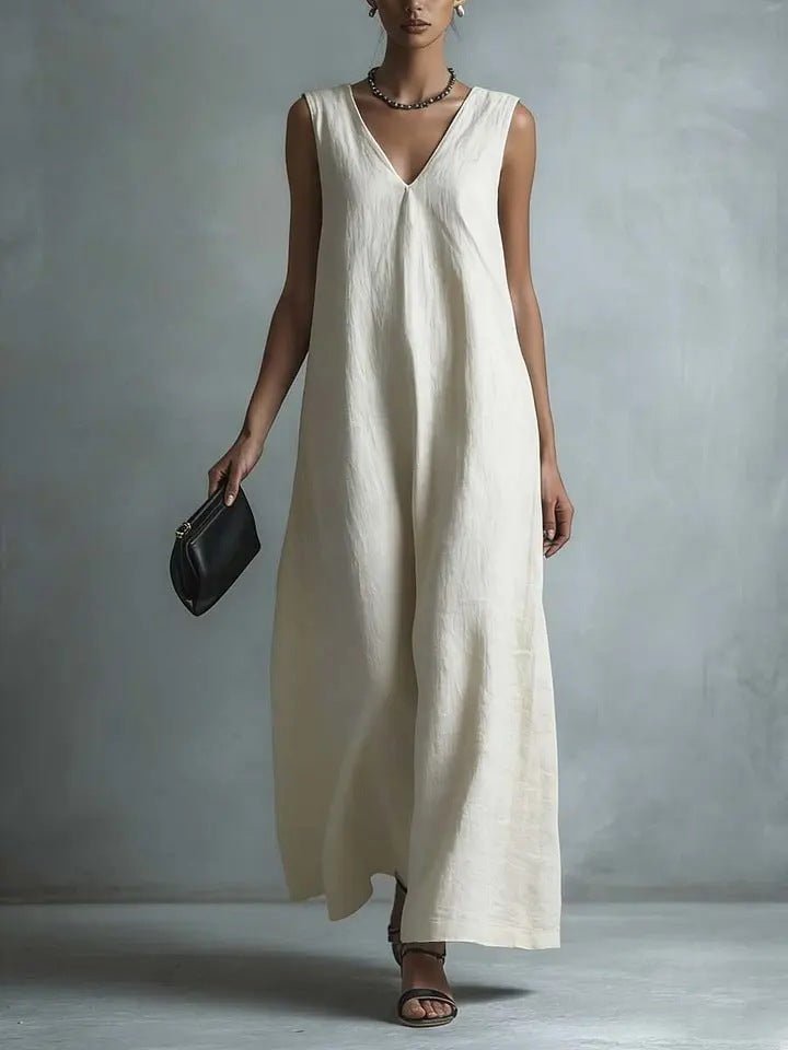 Women's Casual V - Neck Sleeveless Cotton - Linen Dress - LADYLINE X