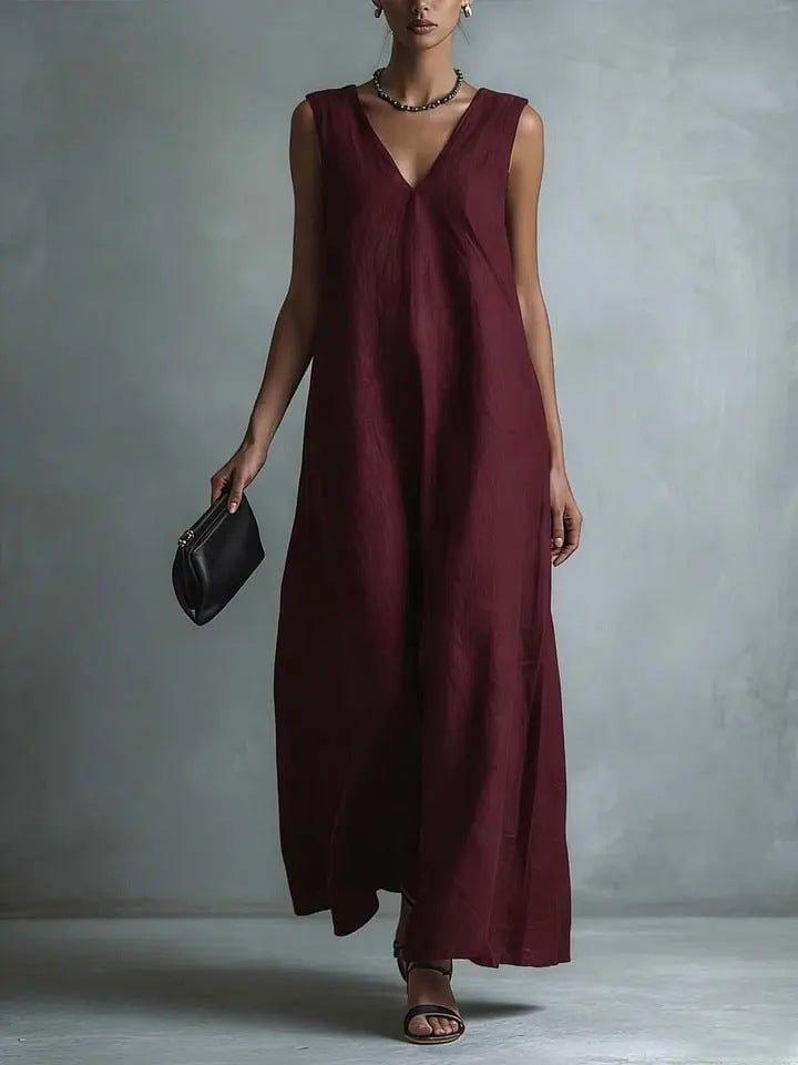 Women's Casual V - Neck Sleeveless Cotton - Linen Dress - LADYLINE X