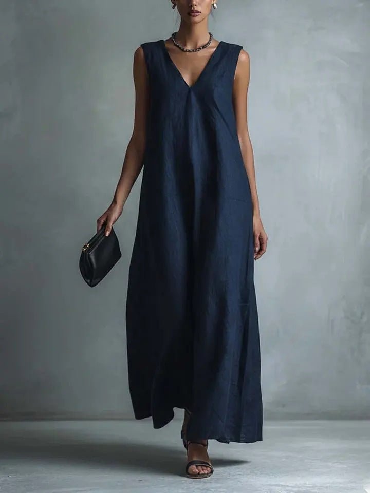 Women's Casual V - Neck Sleeveless Cotton - Linen Dress - LADYLINE X