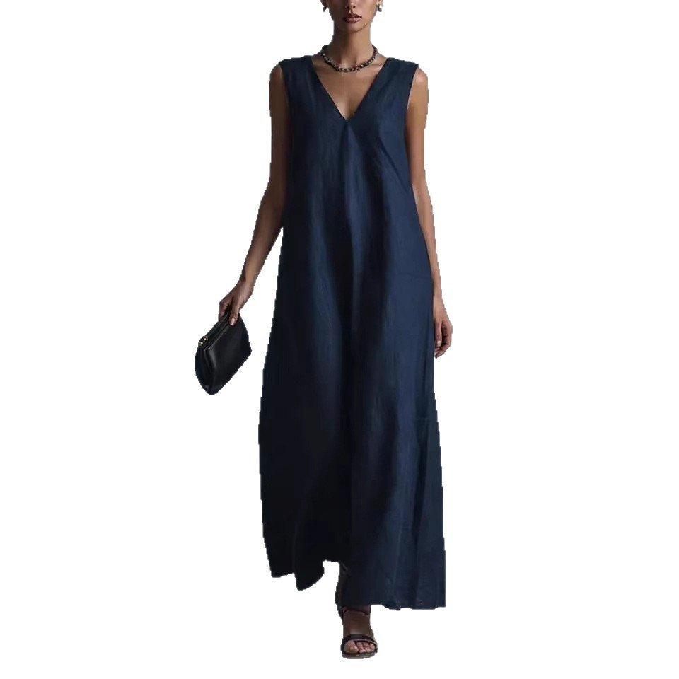 Women's Casual V - Neck Sleeveless Cotton - Linen Dress - LADYLINE X