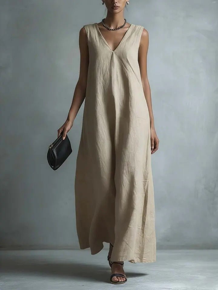 Women's Casual V - Neck Sleeveless Cotton - Linen Dress - LADYLINE X