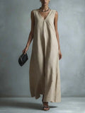 Women's Casual V - Neck Sleeveless Cotton - Linen Dress - LADYLINE X