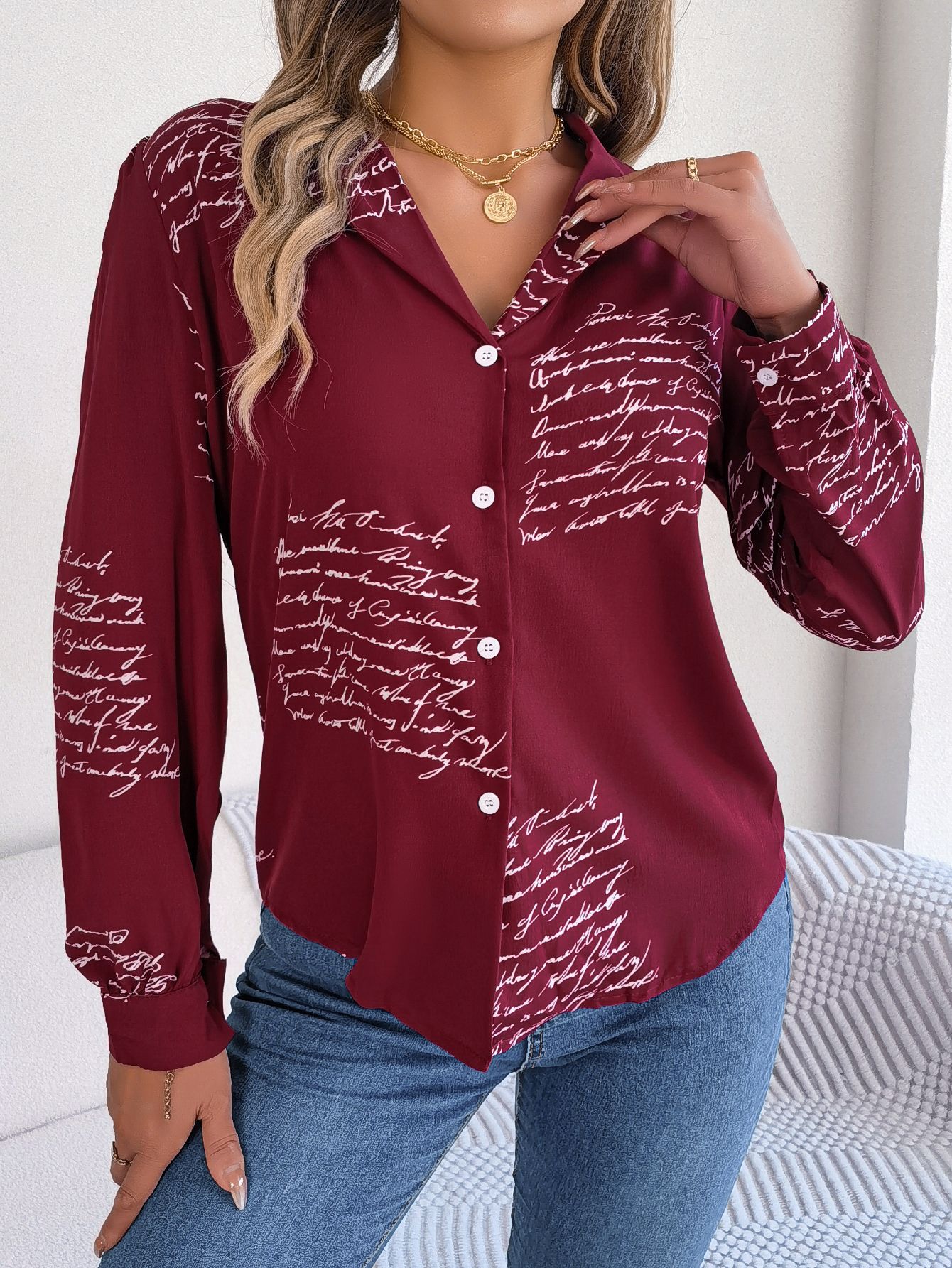Women's Casual Versatile Letter Print Notched Lapel Long Sleeve Shirt - LADYLINE X