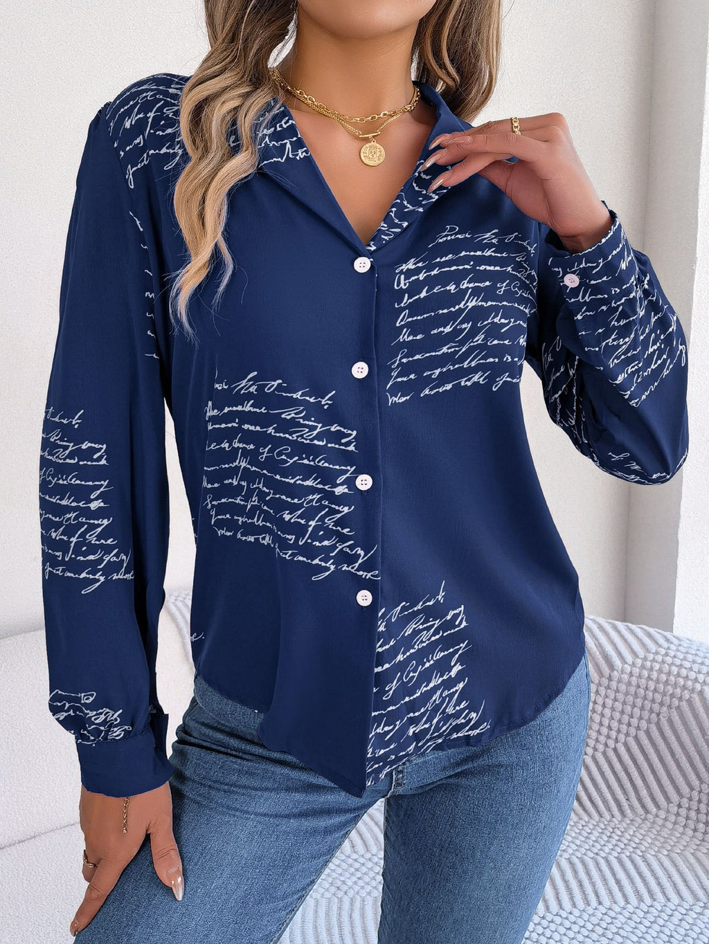 Women's Casual Versatile Letter Print Notched Lapel Long Sleeve Shirt - LADYLINE X