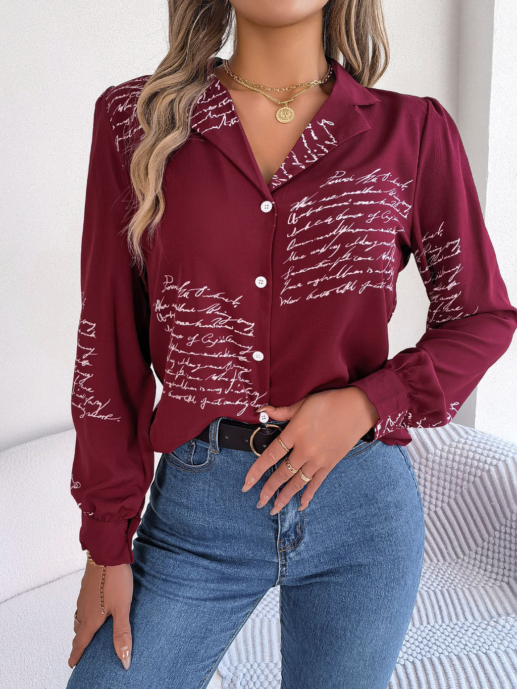 Women's Casual Versatile Letter Print Notched Lapel Long Sleeve Shirt - LADYLINE X