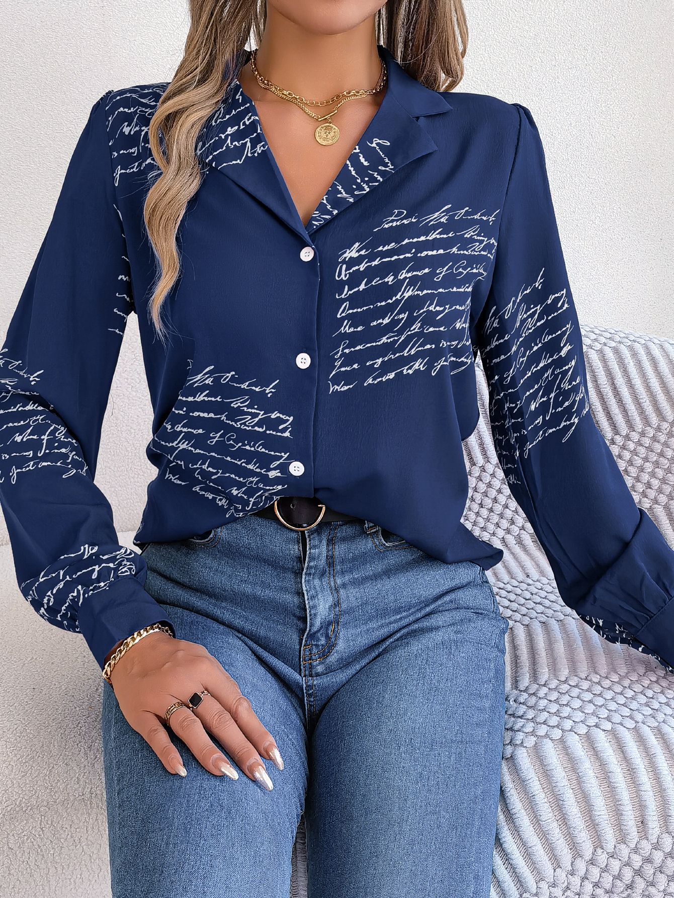 Women's Casual Versatile Letter Print Notched Lapel Long Sleeve Shirt - LADYLINE X