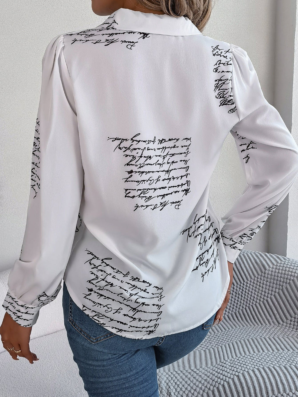 Women's Casual Versatile Letter Print Notched Lapel Long Sleeve Shirt - LADYLINE X