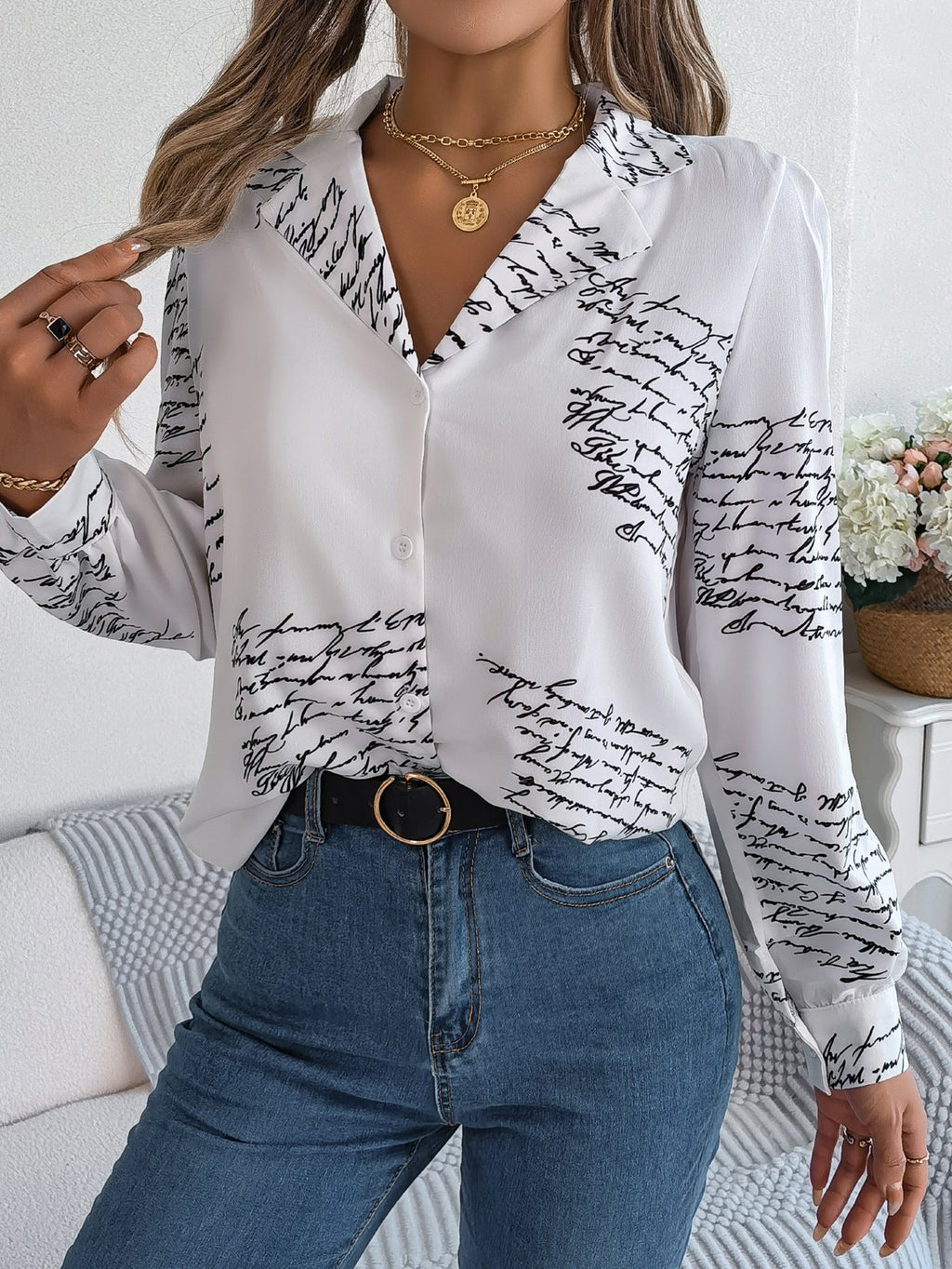 Women's Casual Versatile Letter Print Notched Lapel Long Sleeve Shirt - LADYLINE X