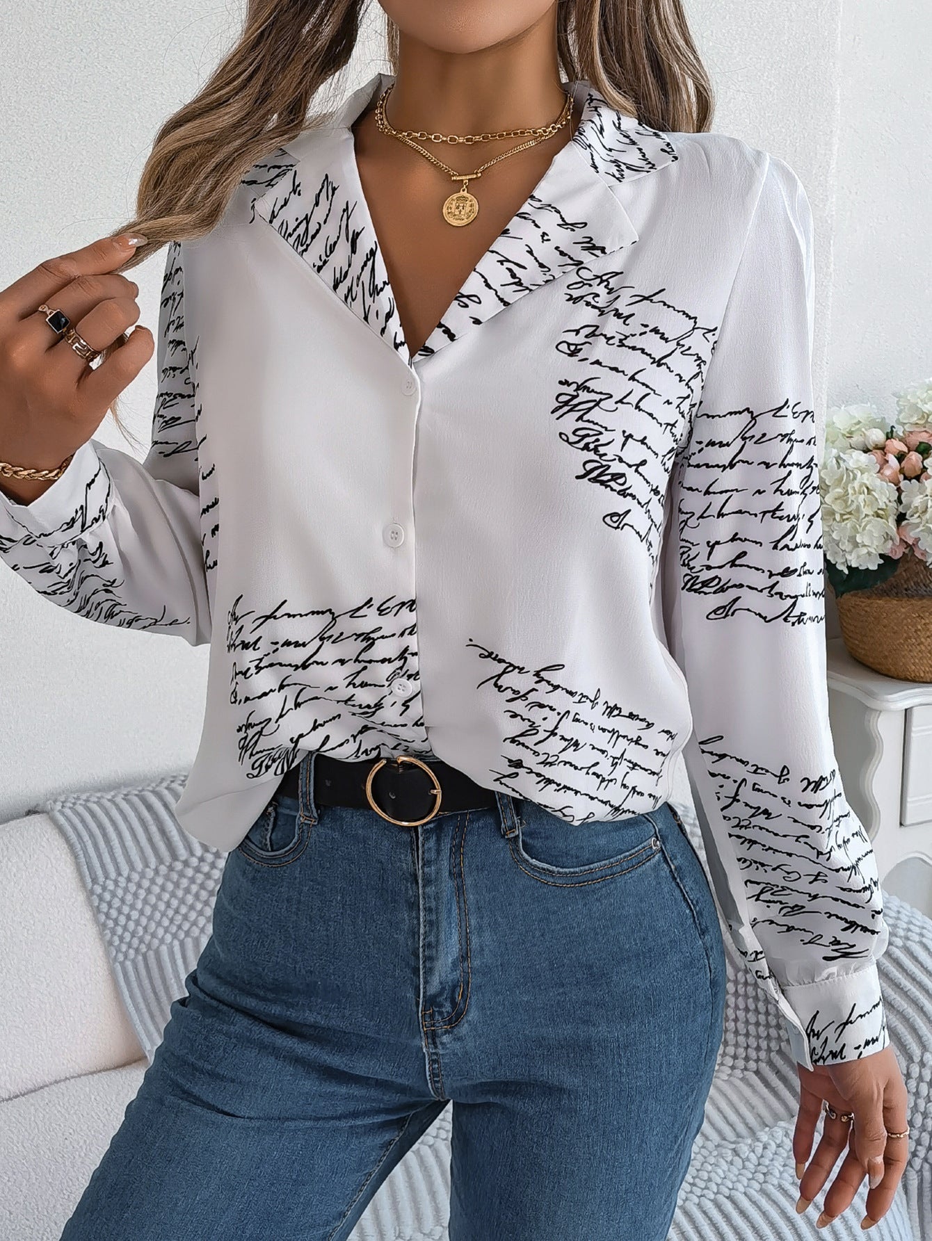 Women's Casual Versatile Letter Print Notched Lapel Long Sleeve Shirt - LADYLINE X