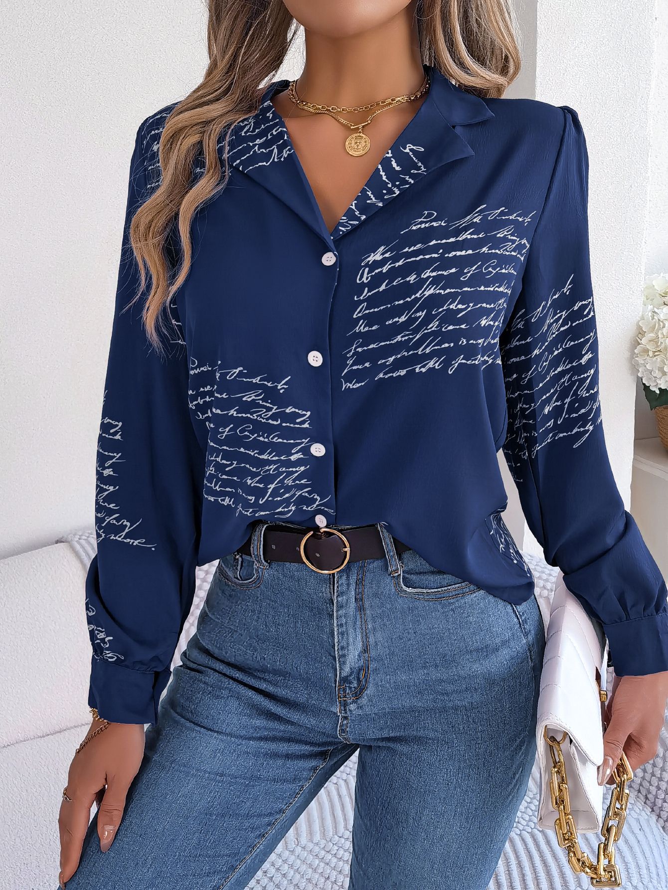 Women's Casual Versatile Letter Print Notched Lapel Long Sleeve Shirt - LADYLINE X