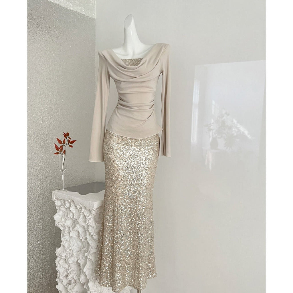 Women's Champagne Gold Sequin Two - Piece Evening Gown Set Ruched Top Mermaid Skirt Formal Party Dress - LADYLINE X