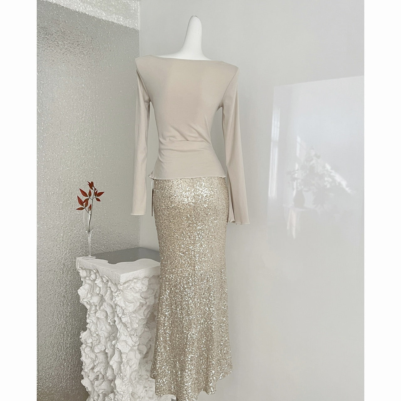 Women's Champagne Gold Sequin Two - Piece Evening Gown Set Ruched Top Mermaid Skirt Formal Party Dress - LADYLINE X