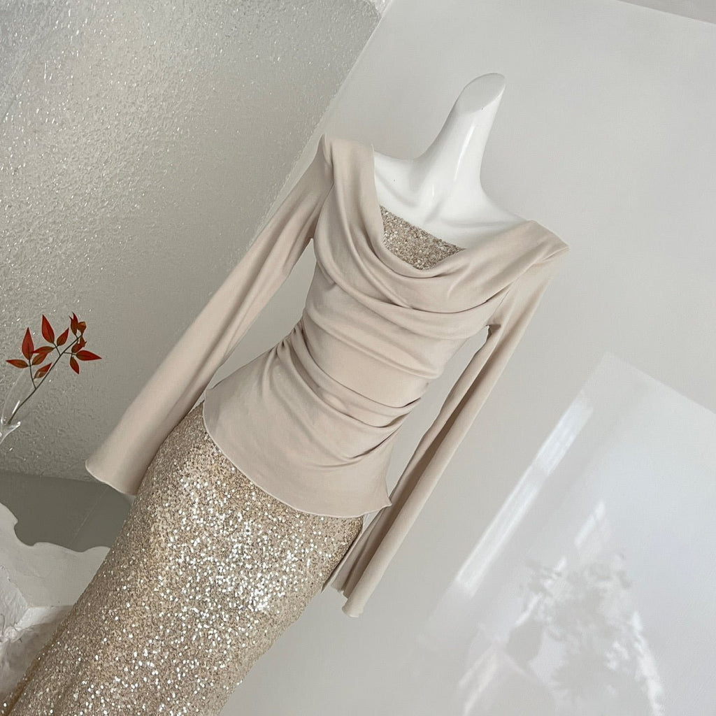 Women's Champagne Gold Sequin Two - Piece Evening Gown Set Ruched Top Mermaid Skirt Formal Party Dress - LADYLINE X