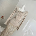 Women's Champagne Gold Sequin Two - Piece Evening Gown Set Ruched Top Mermaid Skirt Formal Party Dress - LADYLINE X