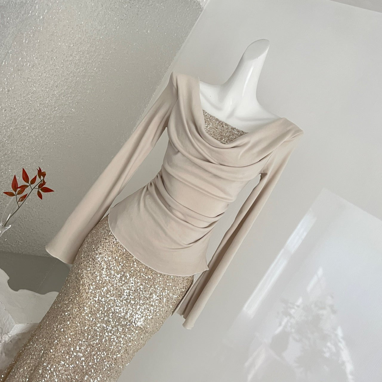 Women's Champagne Gold Sequin Two - Piece Evening Gown Set Ruched Top Mermaid Skirt Formal Party Dress - LADYLINE X