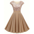 Women's Elegant Sequin V Neck Cap Sleeves Pleated Evening Cocktail Dress - LADYLINE X