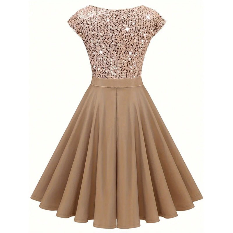 Women's Elegant Sequin V Neck Cap Sleeves Pleated Evening Cocktail Dress - LADYLINE X