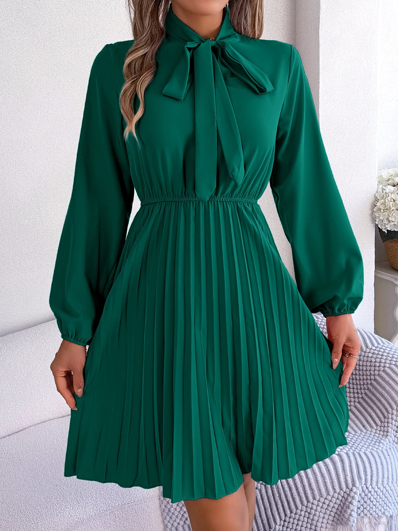 Women's Elegant Tie Waist Long Sleeve Pleated Skirt - LADYLINE X