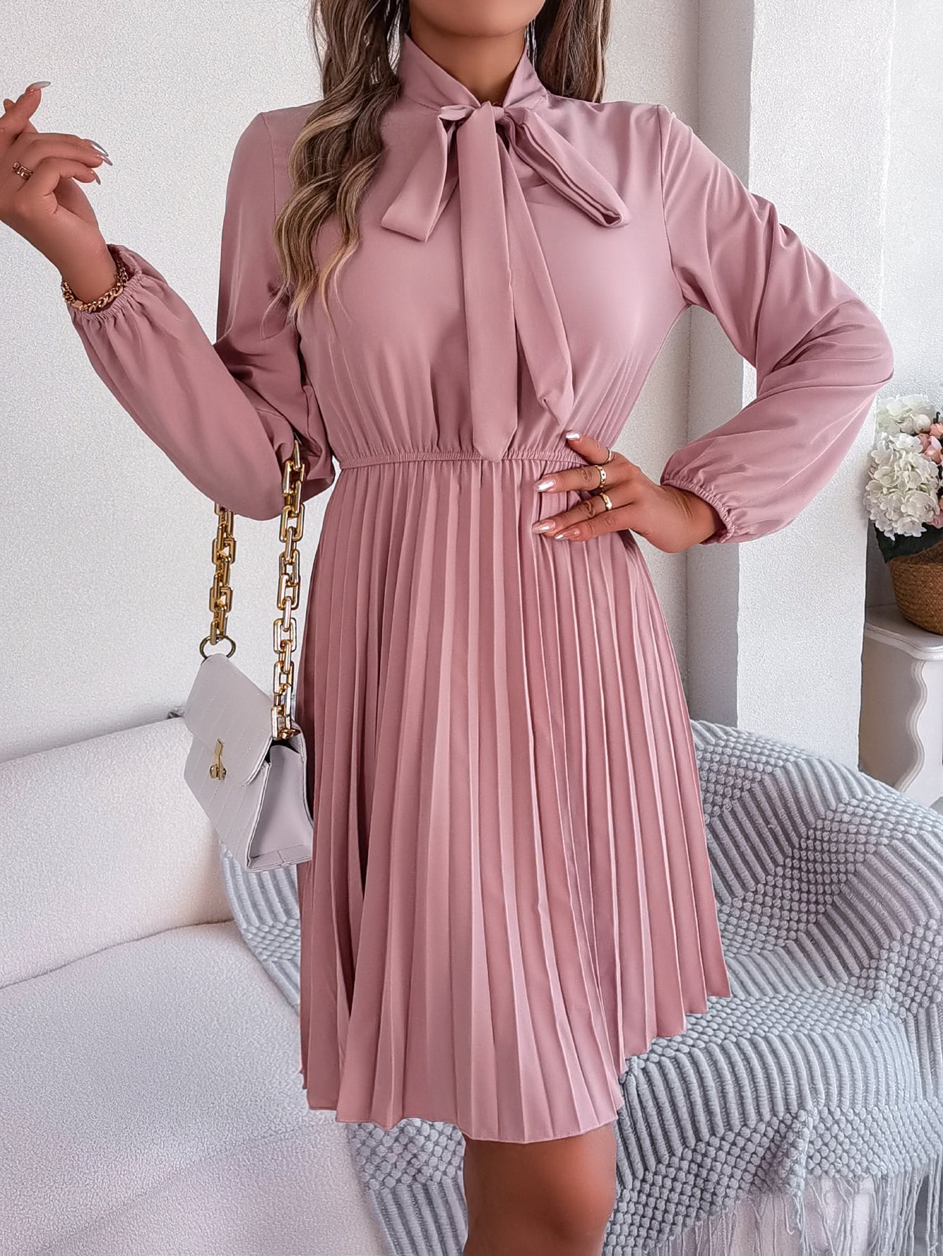 Women's Elegant Tie Waist Long Sleeve Pleated Skirt - LADYLINE X