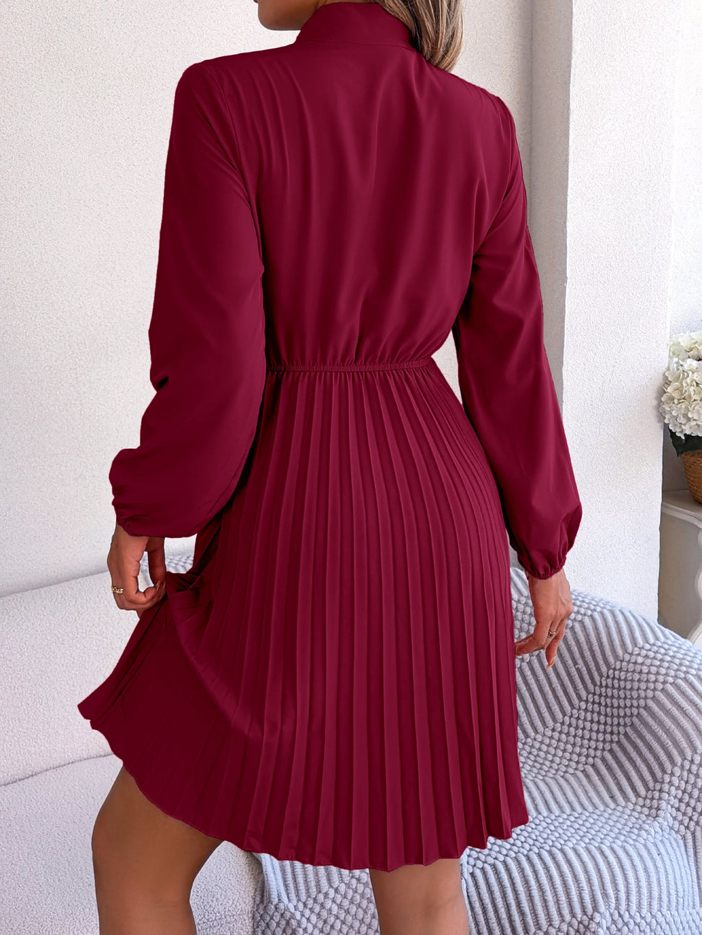 Women's Elegant Tie Waist Long Sleeve Pleated Skirt - LADYLINE X