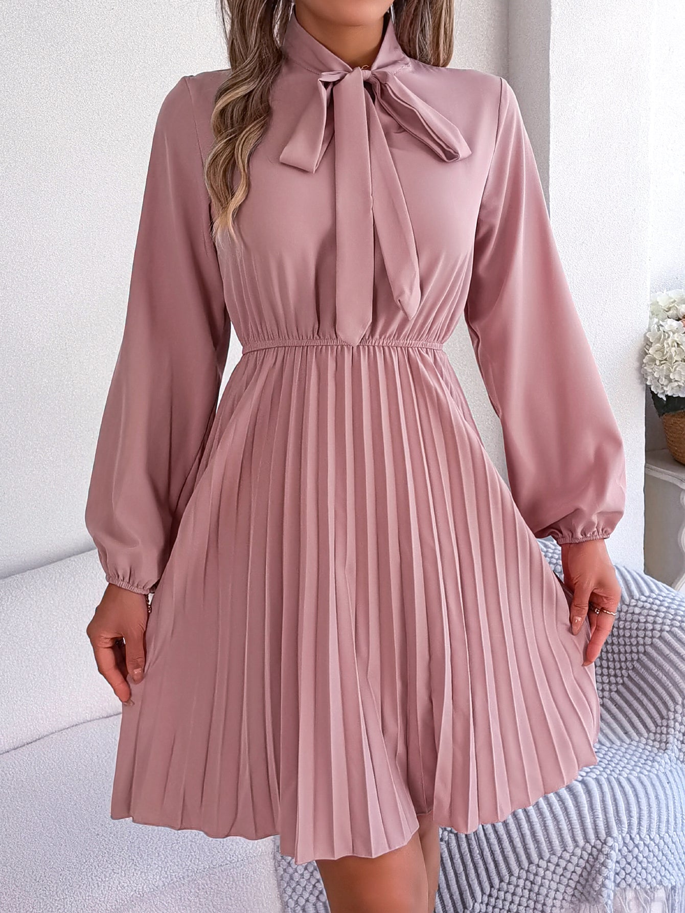 Women's Elegant Tie Waist Long Sleeve Pleated Skirt - LADYLINE X