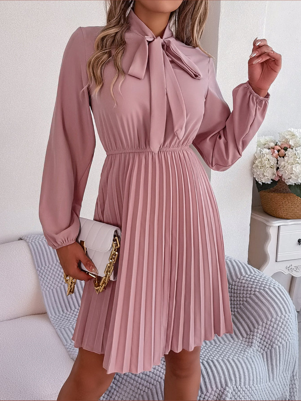 Women's Elegant Tie Waist Long Sleeve Pleated Skirt - LADYLINE X