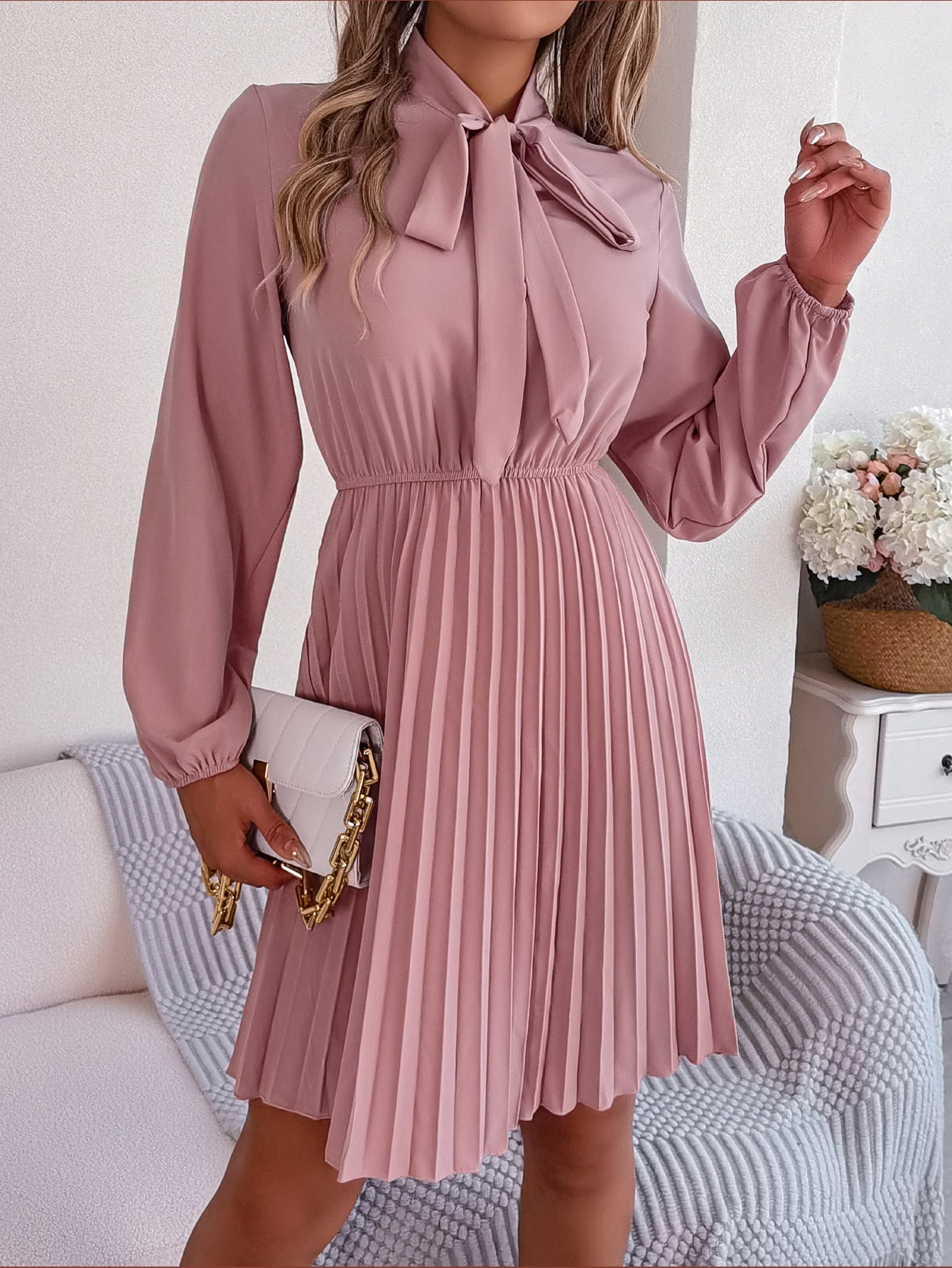 Women's Elegant Tie Waist Long Sleeve Pleated Skirt - LADYLINE X