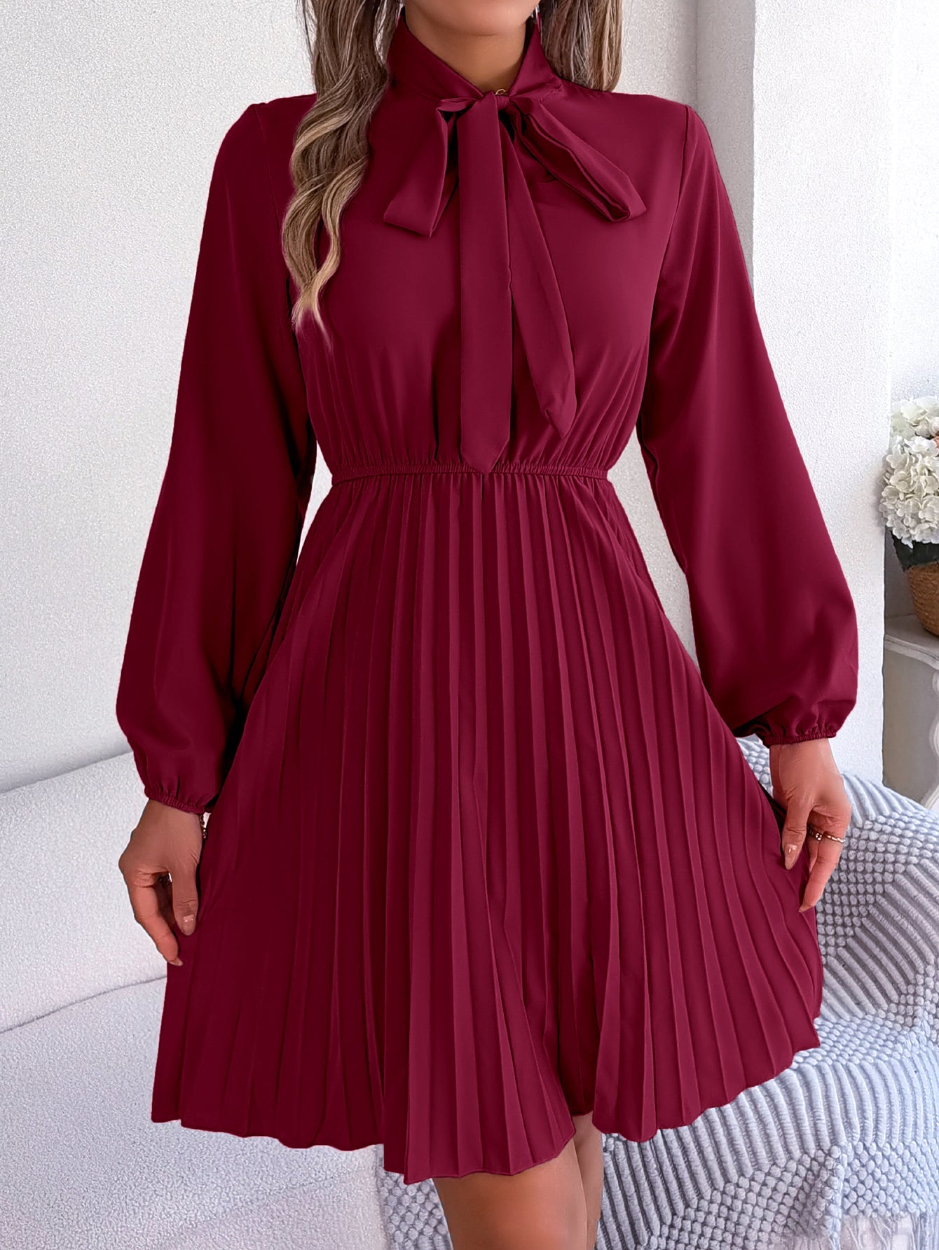 Women's Elegant Tie Waist Long Sleeve Pleated Skirt - LADYLINE X