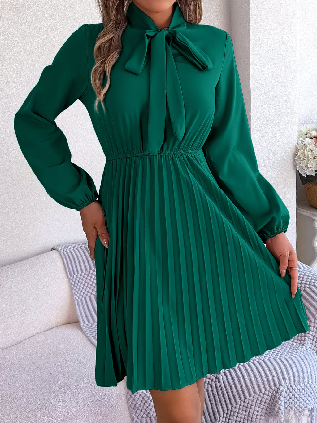 Women's Elegant Tie Waist Long Sleeve Pleated Skirt - LADYLINE X