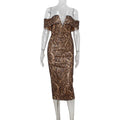 Womens Fashion Leopard - Print Sexy Off - Shoulder V - Neck Evening Gown - LADYLINE X